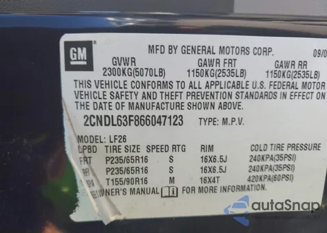 2006 Chevrolet Equinox Lt из США, поврежденный, VIN 2CNDL63F866047123